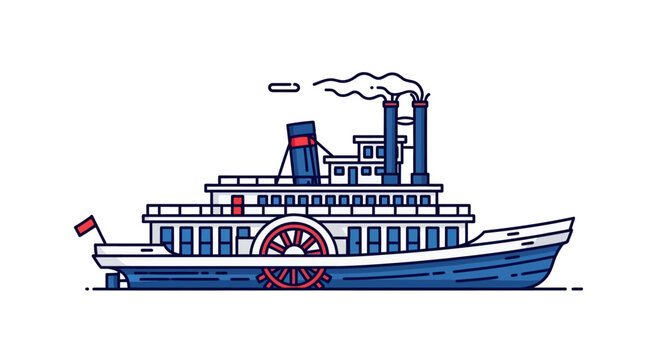 A colorful detailed illustration depicts a vintage paddle steamer with multiple smokestacks and a flag presented as a silhouette high quality professional modern elegant