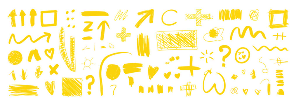 Yellow hand drawn doodle elements including arrows, plus signs, and circles