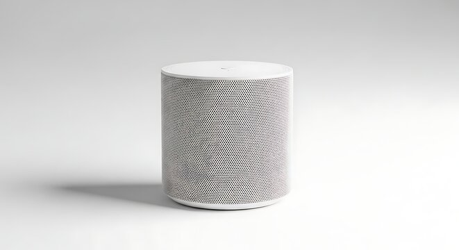 Minimalist white smart speaker isolated on white background.
