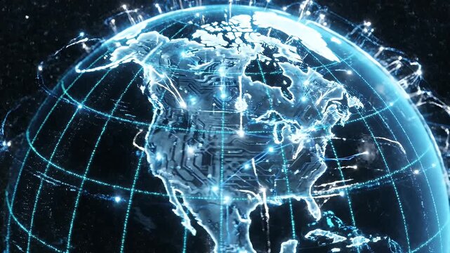 Digital Earth Network - A digital video shows the globe of Earth, with a focus on North America. Digital connections and data streams overlay the continents and oceans.