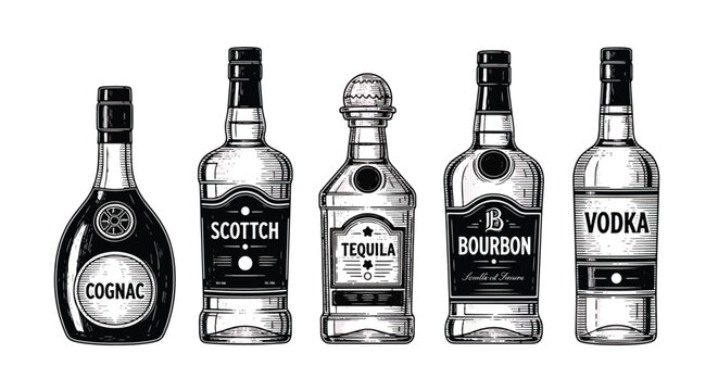Classic engraved style alcohol bottles featuring tequila, bourbon, cognac, scotch, and vodka with detailed linework labels in vintage monochrome illustration style