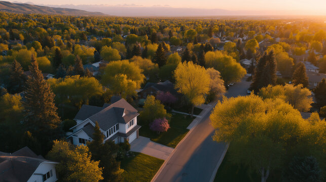Drone perspective over suburban cul de sac at golden hour, shadow of UAV visible on rooftop, aerial real estate survey, neighborhood lot lines visible, property mapping, residential aerial overview,
