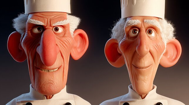 Two cartoon chefs in white uniforms and hats, with expressive faces and distinctive features, looking towards the viewer