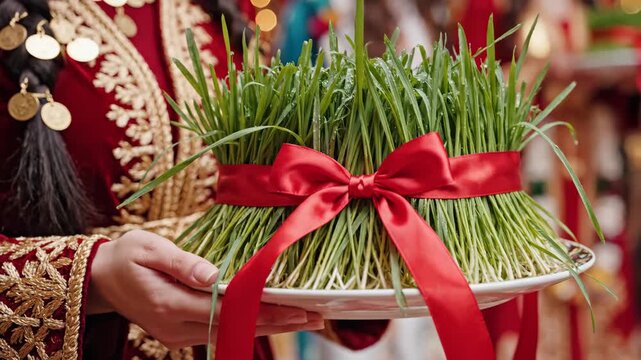 Novruz bayram celebration woman holding semeni azerbaijan traditional festive event spring equinox symbol holiday ceremony preparation