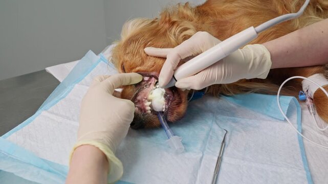 Veterinary dentist cleaning the teeth of a sedated english cocker spaniel with an ultrasonic scaler, removing plaque and tartar to prevent periodontal disease and improve oral hygiene
