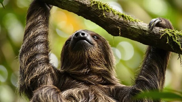 Close-up of a Three-Toed Sloth Hanging Upside Down from a Tree Branch in a Lush Rainforest.