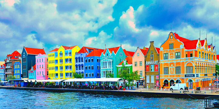 Iconic Handelskade Waterfront Punda District Willemstad Curacao Netherlands Antilles UNESCO World Heritage Site in Southern Caribbean. 03.01.26