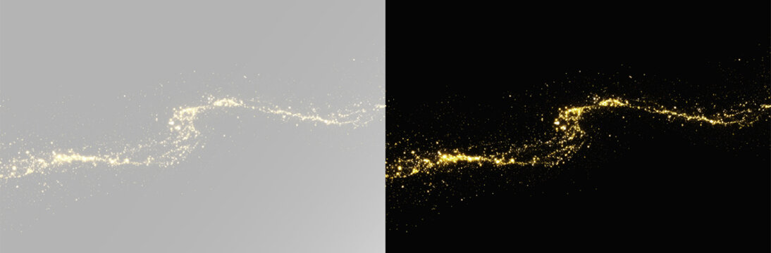 Golden sparkling dust trail with magic glowing particles, overlay dust png