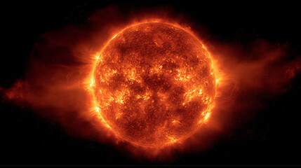 Obraz premium Bright realistic sun with intense glow, fiery texture and solar flares, powerful star in deep space representing energy, heat and light, perfect for astronomy, science projects and cosmic backgrounds 