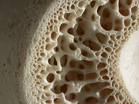 Close-up macro view of porous bone tissue structure with intricate network of trabeculae
