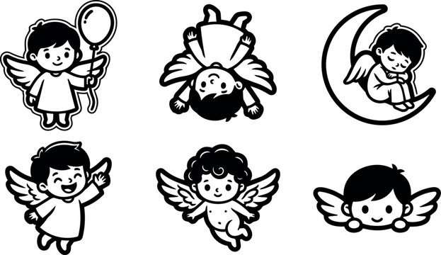 Six cute angel children in different poses and holding a balloon