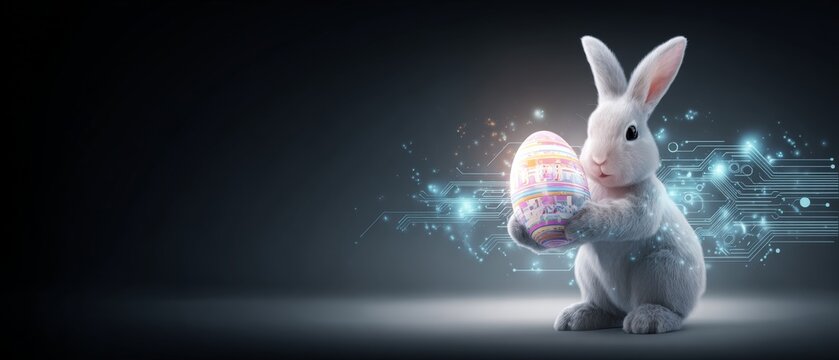 Springtime cheer: playful bunny with easter egg on a bright card. Digital innovation. Joyful easter scene: intricate patterns and blossoms enhance the festivity. Machine learning.