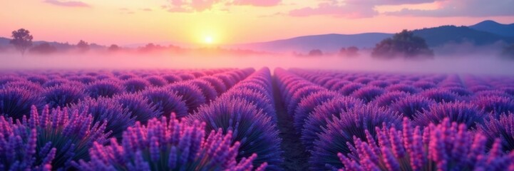 Obraz premium Misty dawn illuminates rows of Bulgarian lavender, early morning, morning