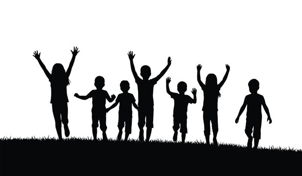 A group of children are joyfully raising their arms in the air seemingly celebrating or playing together presented as a silhouette high quality professional