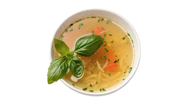 Bowl of clear broth with noodles, vegetables, and basil isolated on transparent background