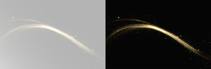 Golden sparkling dust trail with magic glowing particles, overlay dust png © Alehandro