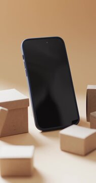 Vertical video: Camera is tilting, shifting around phone by cubes on beige surface showing phone