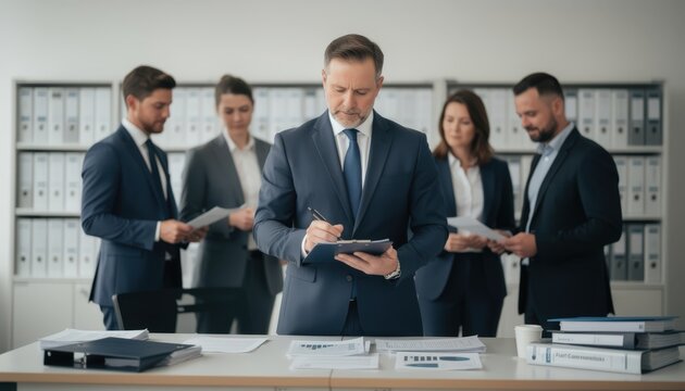 Medium shot of compliance officers verifying documentation accuracy in a fund office the lead auditor sharply detailed among softly blurred filing cabinets.