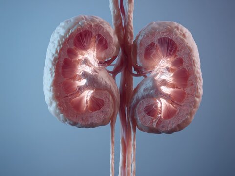 Detailed 3D rendering of human kidneys showing internal structure and blood vessels