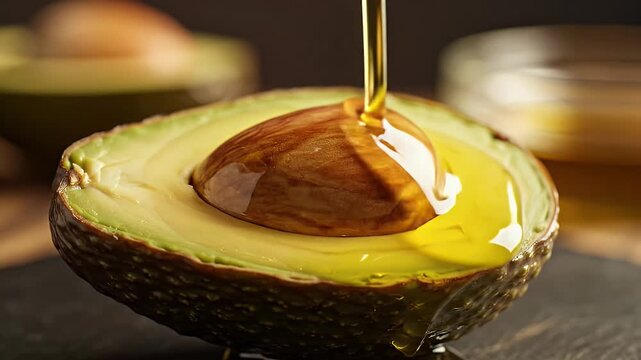 Avocado oil being poured on avocado - This close-up shot shows half of an avocado with the pit in it. Oil is being poured onto the avocado.