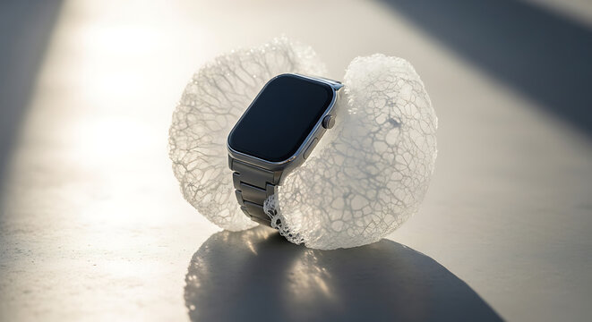 Smartwatch with metallic strap and blank black screen displayed on textured white and translucent sponge-like material, casting subtle shadows on a light surface under bright natural light.