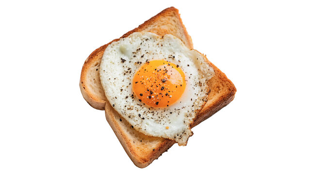A slice of toasted bread has a fried egg placed on top isolated on transparent background