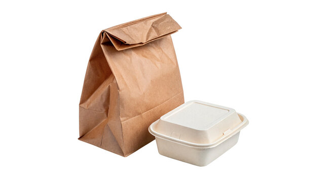 Lunch packaged in a brown paper bag and a takeout container  isolated on transparent background
