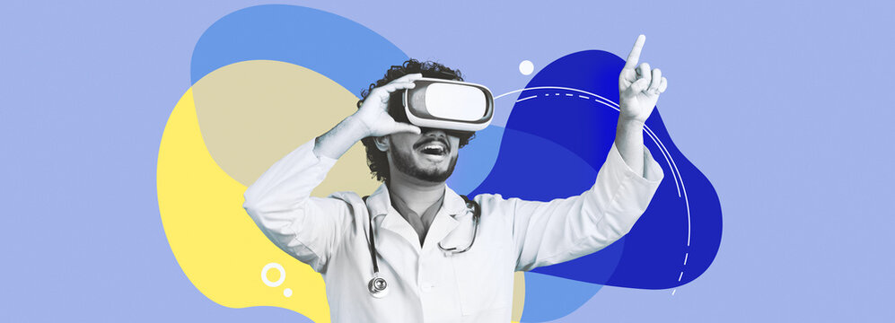 A young Indian doctor conducts a medical test using wireless VR goggles against a blue background. The setting features a collage style with copy space for text.