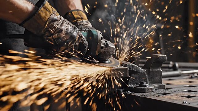Grinding Metal with Sparks - A close-up shot shows a worker wearing protective gloves using an angle grinder on a piece of metal, producing a shower of bright sparks.