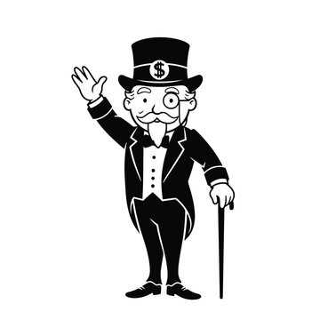 Black and white illustration of a wealthy capitalist character wearing a top hat and monocle.