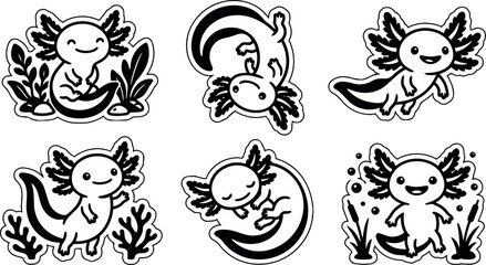 Fototapeta premium Black and white line art set of playful axolotl creatures with water plants