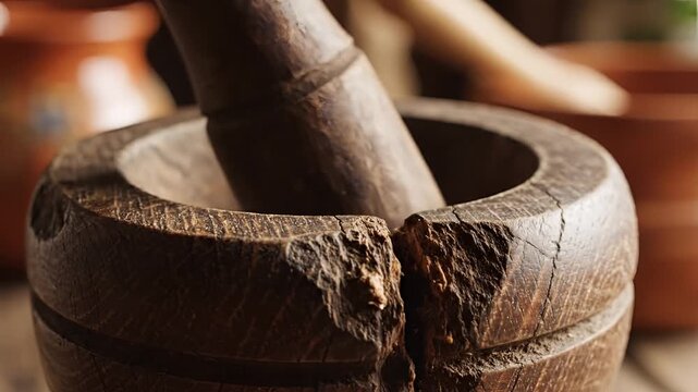Closeup of an antique wooden mortar and pestle for grinding spices.