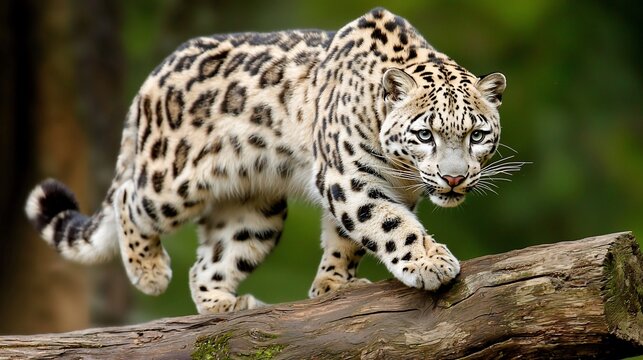 Majestic Snow Leopard with Piercing Pale Eyes Prowls Silently on a Log.