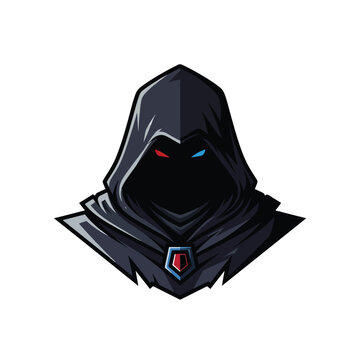 Mysterious hooded assassin mascot logo design for esports gaming team.