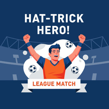Triumphant Football Player Celebrates a Hat-Trick Goal at a Packed Stadium League Match