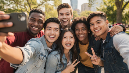 Fototapeta premium Young adults taking selfie together in the park. They are smiling and posing for camera.