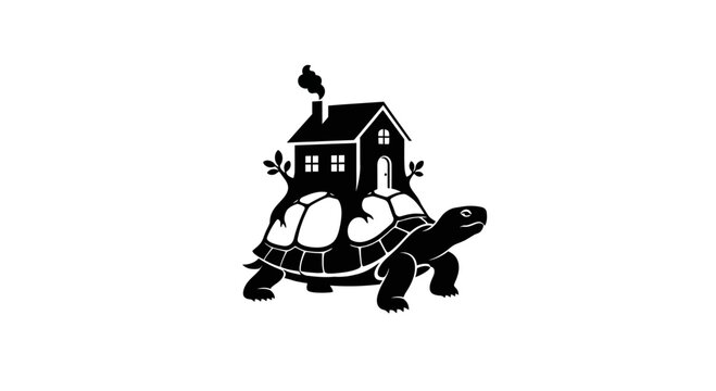Black silhouette of turtle carrying house.