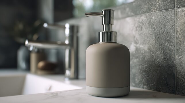 Modern liquid soap container with matte finish, minimal bathroom interior, neutral tones, middle shot angle, soft shadows, photorealistic