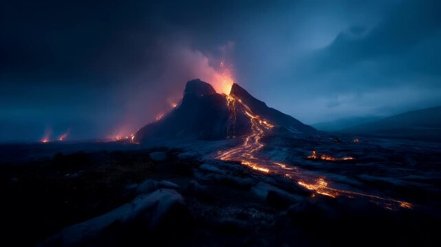 Outdoor exploration adventure. A dramatic landscape photograph captures a volcanic eruption at night. The main subject is a towering, jagged mountain with molten lava flowing down its peak.