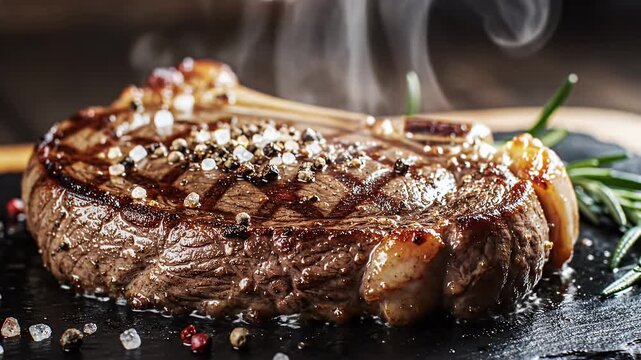 Grilled Ribeye Steak with Pepper and Salt - A close-up shot displays a freshly grilled ribeye steak, seasoned with salt and pepper, sitting atop a black slate surface.