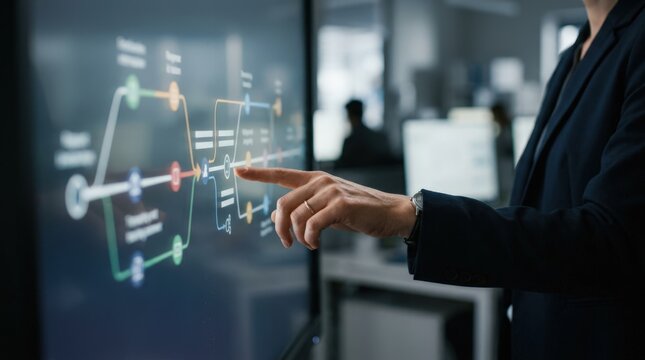 Medium shot of a focused hand pointing at a digital timeline showing a secondary fund transaction workflow with blurred background elements of singlefund investment steps.