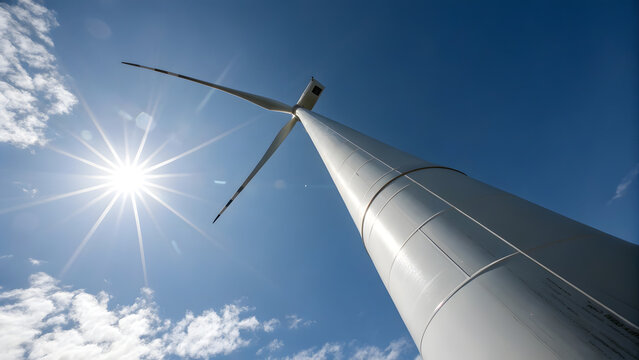 A low-angle view of a wind turbine against a bright blue sky with sunburst effect.