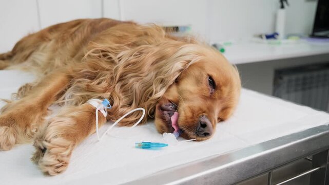 English cocker spaniel dog under anesthesia lying on a stainless steel table in a veterinary clinic after surgery, with an intravenous drip connected to its paw for treatment