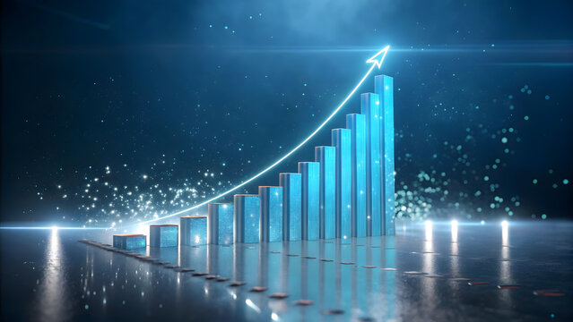 3d bar graph with upward trend arrow, financial growth and success concept.