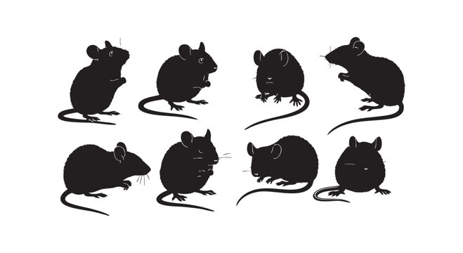 Cute mouse silhouettes set of small rodents in different poses collection of funny little animals vector illustration.