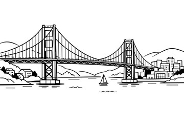 Fototapeta premium Detailed Line Drawing of a Suspension Bridge Spanning Across a Body of Water with a City Skyline and Hills in the Background, Minimalist Vector Illustration for Coloring Book and Design Projects.