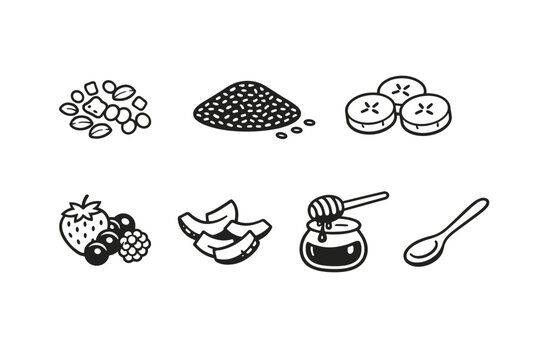 Set of Minimalist Flat Line Art Vector Icons Featuring Healthy Breakfast Ingredients Like Granola, Chia Seeds, Banana Slices, Mixed Berries, Coconut Flakes, Honey Jar, and a Spoon for Food Design