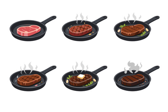Illustrated collection showing various steak cooking stages in black skillets, from raw meat to perfectly seared grilled steak with butter, herbs, and garlic, isolated on white background vector.