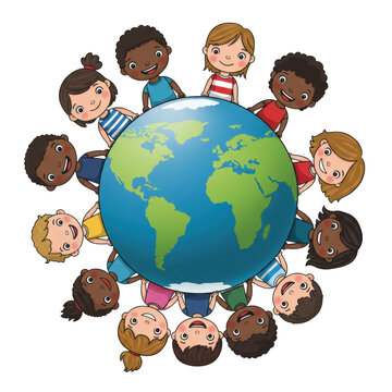 Diverse children holding hands around earth globe isolated on transparent background