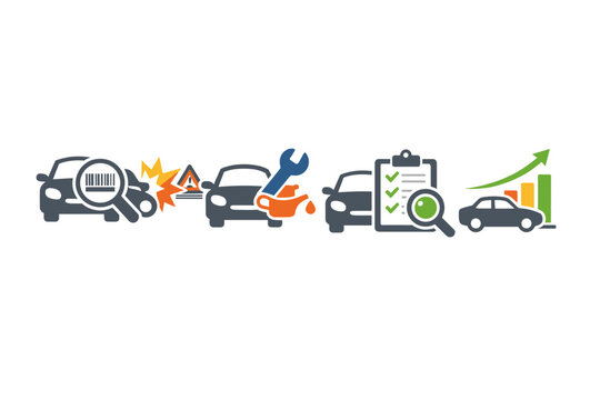 Vehicle History Icons Set Featuring VIN Number Check, Accident Report, Service Maintenance, Professional Car Inspection, and Market Value Evaluation. Flat Vector Illustration for Auto Apps.